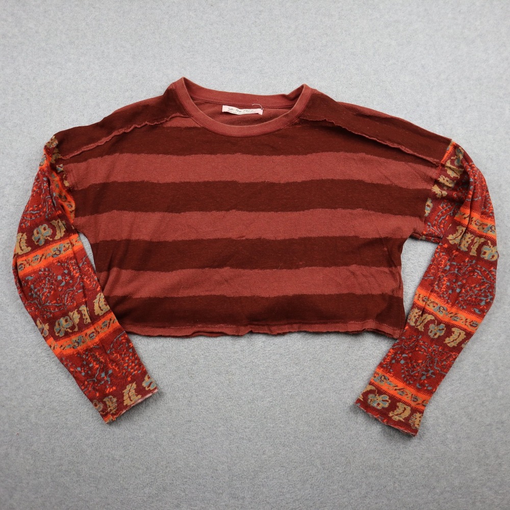 We The Free Crop Top Womens XS Relaxed Striped Paisley Mixed Media Long Sleeve
